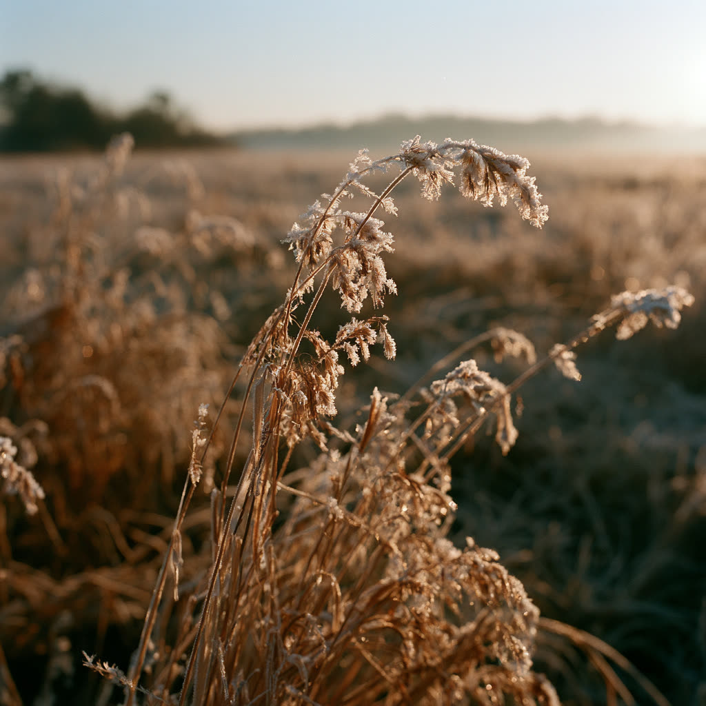 Macro close-up of frost crystals on meadow grass