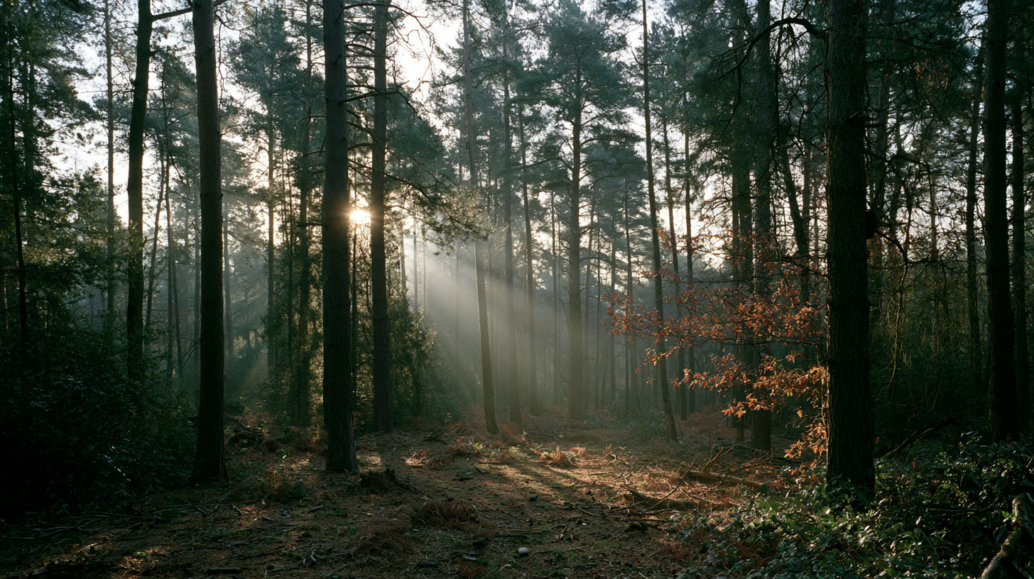 Quiet pine forest interior at early morning